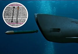 Illustration of the torpedo compared to the C-3 and, in the circle, an image of the sonar of the projectile on the seabed.