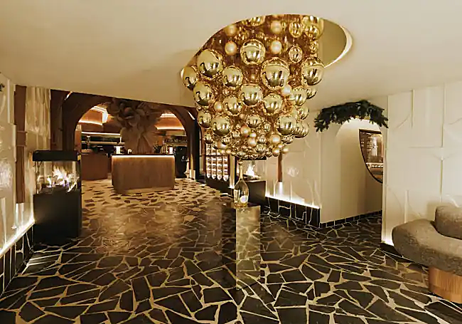 An upside down tree at the entrance of the restaurant.