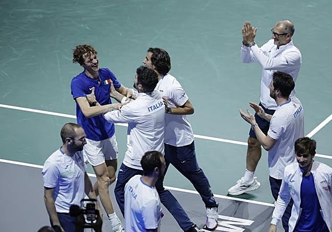 Italy celebrate their Davis Cup win in Malaga in November.