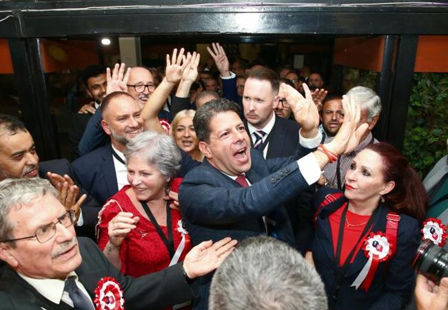 Fabian Picardo celebrates GSLP/Freedom Alliance's close election victory in Gibraltar.