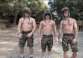 The three young men from Granada with the gear they wore when they climbed Mulhacén.