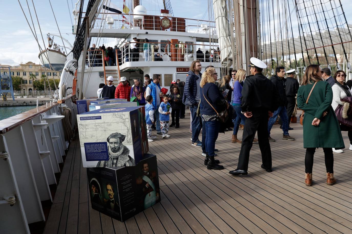 The pride of the Peruvian Navy sails into Malaga and opens its decks to the public, in pictures