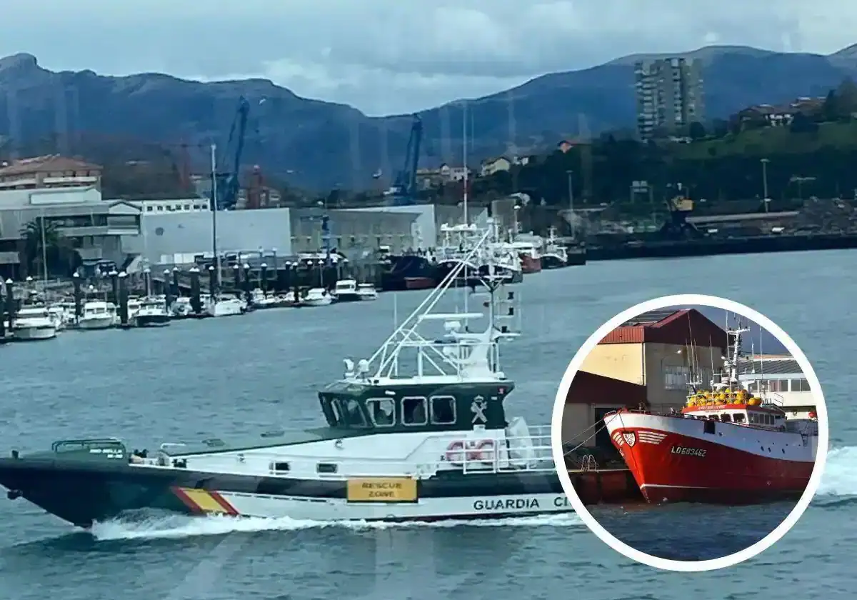 A Guardia Civil vessel has rushed to the aid of the 13 crew members. Inset, the fishing boat Reina Madre.