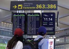 Tourists look for flight information on one of the panels at Malaga Airport.