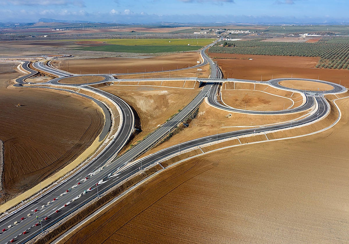 An aerial view of the recently developed road network of the 'dry port' in Antequera.