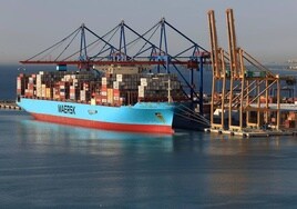 The container ship Maersk Hidalgo on Monday during operations in the Port of Malaga.