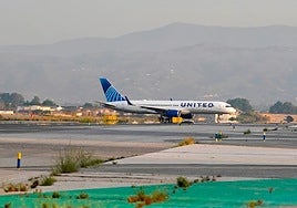 United Airlines plane from New York, at Malaga Airport.