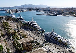 Megayachts lined up at Malaga's Muello Uno.