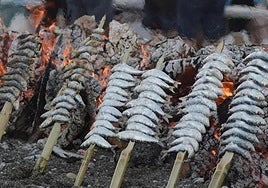 Skewered sardines roasting over hot coals.