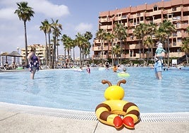 Holidaymakers in one of the swimming pools at the Holiday World complex in Benalmádena.