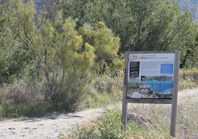 The initial dirt track is next to a nature site sign.