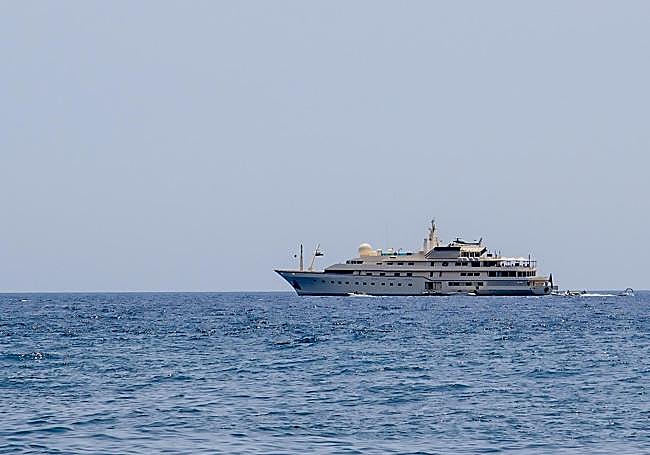View of the 85-metre-long yacht lKingdom 5KR, a jewel of naval engineering.