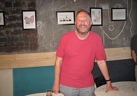 British artist Andrew Birch at the inauguration of the exhibition of his cartoons in Malaga.