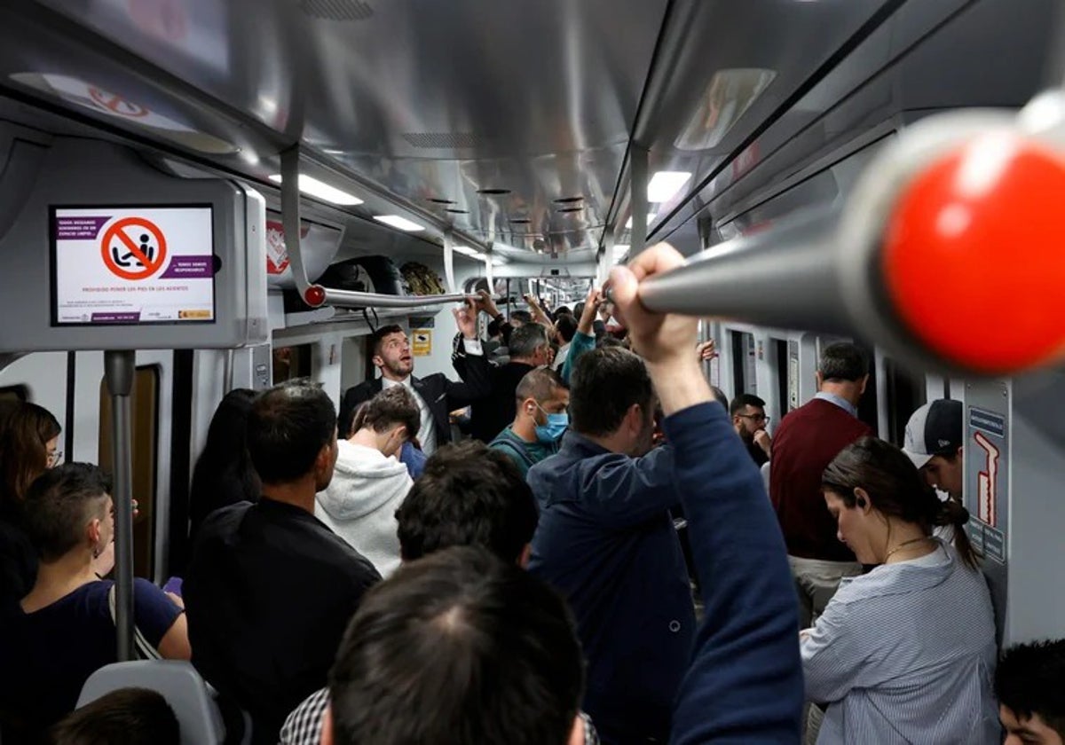 Passengers packed on a Cercanías train on the Costa del Sol.