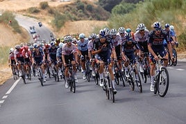 The pack climbs out of Benaoján in the Serranía de Ronda