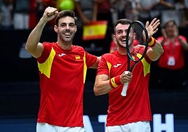 Doubles pairing Marcel Granollers and Pedro Martínez celebrate their win.