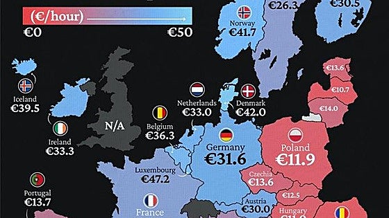 Where does Spain sit on the map of hourly wages in Europe?