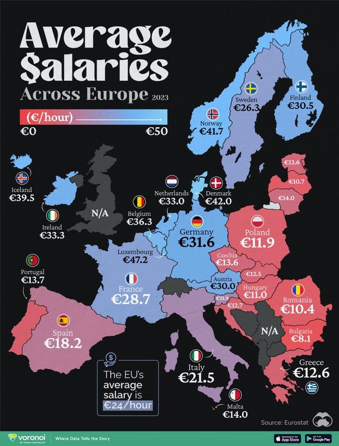 Average wage map across Europe.