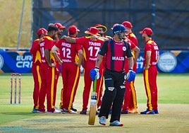 The Spain players celebrate taking a wicket against Malta on Wednesday.