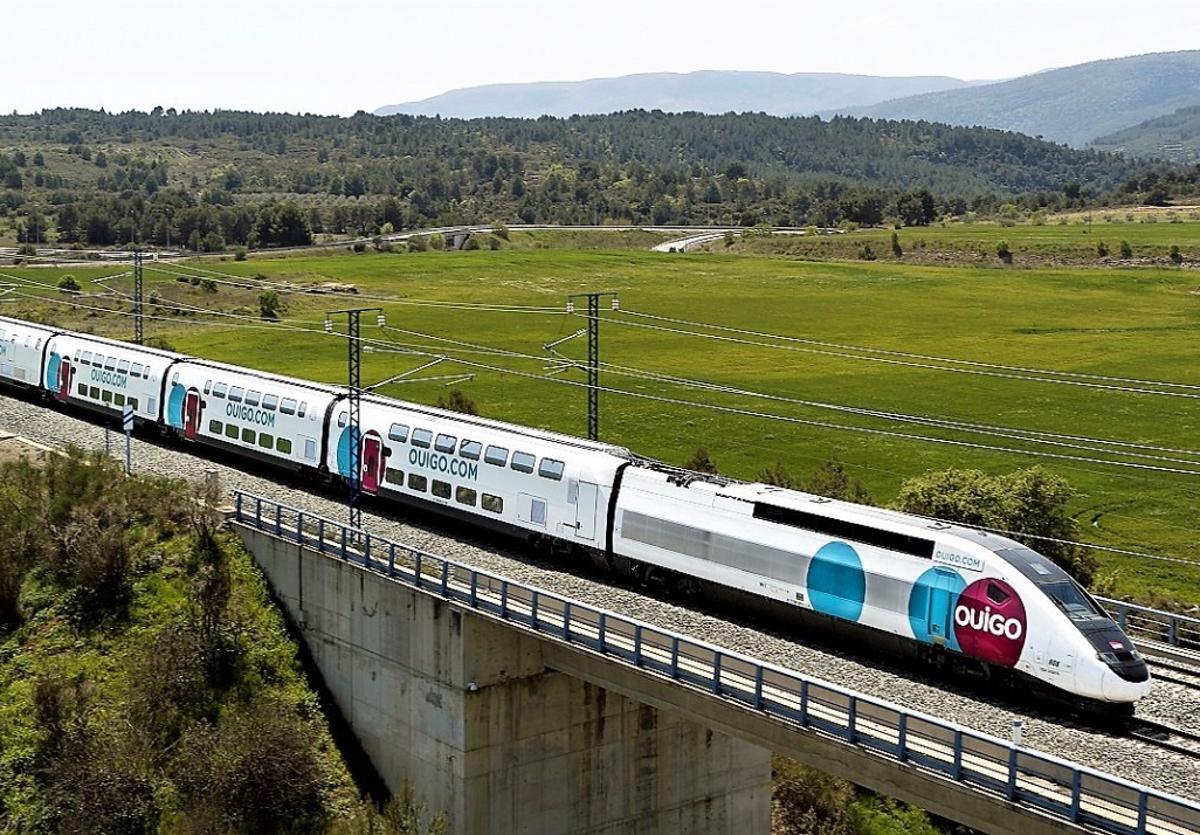 A distinctive double-decker train unit of the French high-speed operator Ouigo.