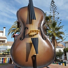One of the vandalised giant musical instruments in Benamocarra.