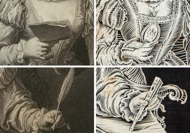 The main differences between the original engraving and the later grafidia: the woman's right hand changes from holding a letter to holding a cameo, while in her left hand, a feather is replaced by a fan.