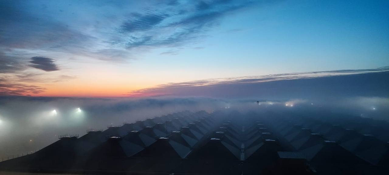 Fog over the terminal at Malaga Airports, as seen from the control tower.