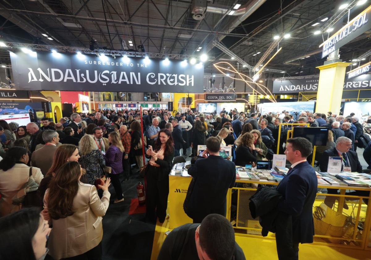 Tourist industry representatives and visitors pack the Andalusian stand at Fitur on its opening day.