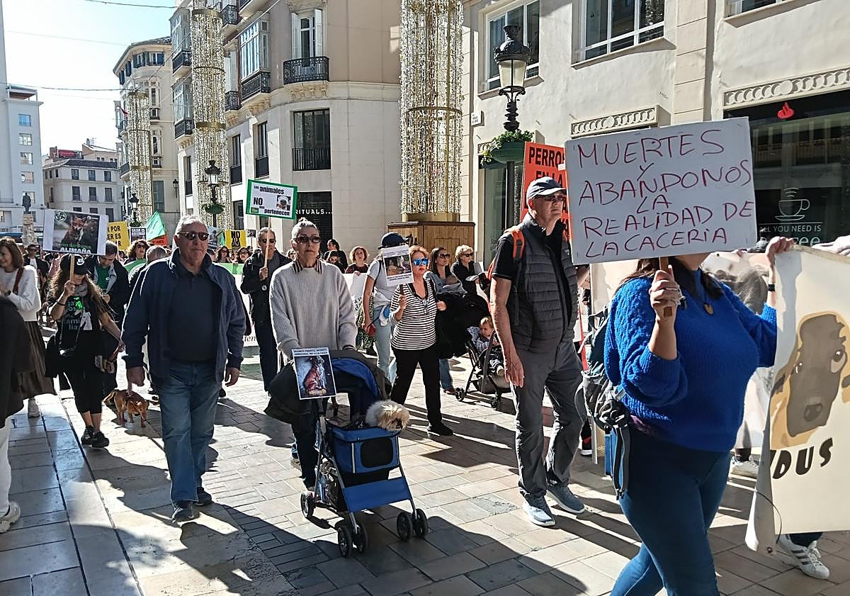 Imagen principal - Hundreds of demonstrators say 'No' to hunting by staging protest in Malaga: 'We are the voice of those that don't have one'