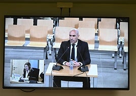 Luis Rubiales shown in the dock on a TV screen this week.
