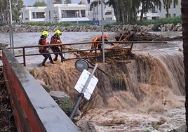 Emergency workers remove reeds and other plant debris blocking water at the mouth of the Guadaiza river in Marbella on Tuesday this week.
