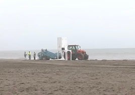 Municipal workers install a new lifeguard and rescue tower.