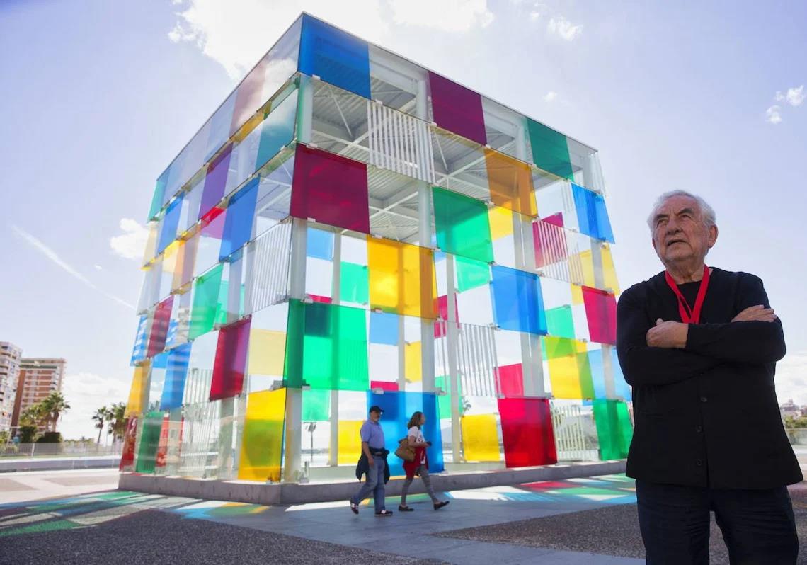 French artist Daniel Buren in front of his colorful creation that has given the Pompidou its unique personality.