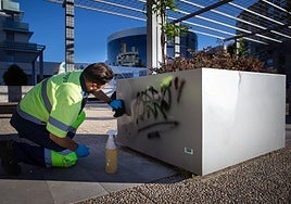 Cleaning a flowerpot in the Gerardo Cuerva square.