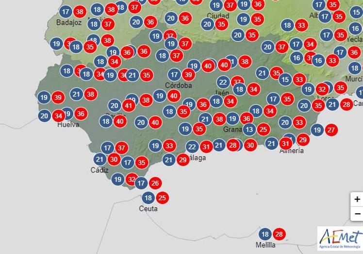 Map with the forecast temperatures in Andalusia for next Thursday, with peaks of 41 degrees.