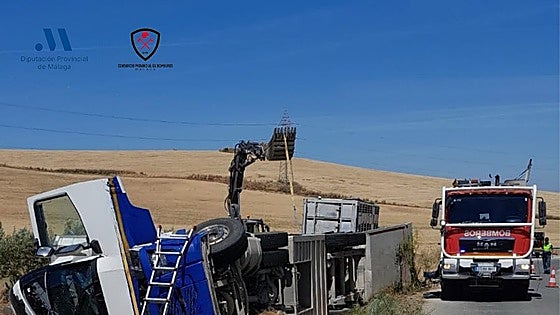 Livestock lorry loaded with pigs overturns after skidding off road in north of Malaga province