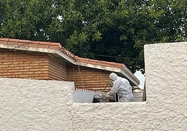 A worker removes asbestos from the roof of a school.