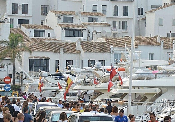 View of the busy quay and moorings in Puerto Banús.