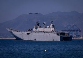 The Spanish Navy ship Juan Carlos I, the largest warship ever built in Spain, in Malaga this Monday.