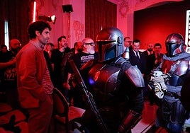Tamar Navas, Álex de la Iglesia and Star Wars characters at the presentation of the San Diego Comic-Con Málaga.