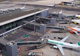 Aircraft parked at Malaga Airport, seen from the control tower.