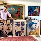 Artist Henrik Diamant with some of his surrealist and abstract paintings in his studio in Mijas.