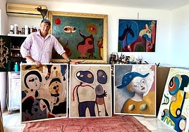 Artist Henrik Diamant with some of his surrealist and abstract paintings in his studio in Mijas.