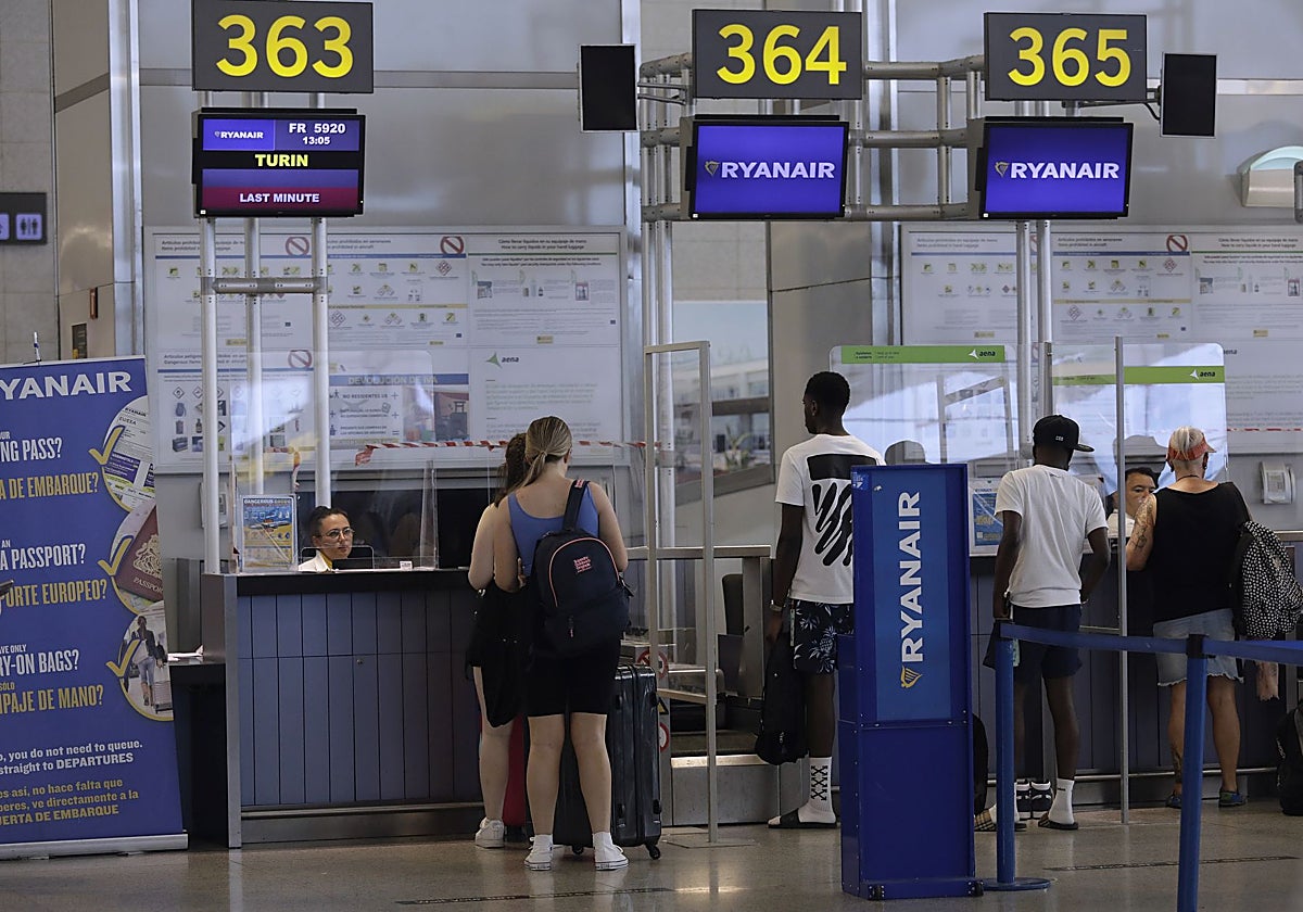 Ryanair check-in desks at Malaga Airport.