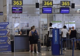 Ryanair check-in desks at Malaga Airport.