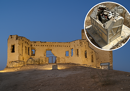 Photos of the Castillo de la Estrella in Teba and one of the damaged floodlights.