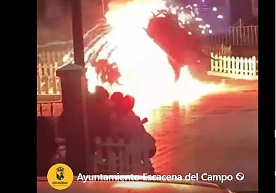 This is the moment a young girl suffered serious burns from fireworks during 'fire bull' event in Spain