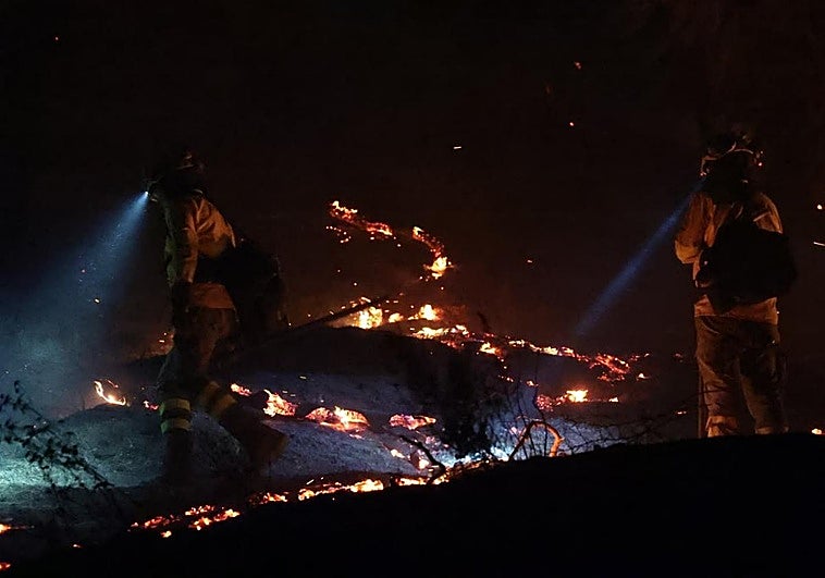 Plan Infoca crews at the scene of the forest fire in Malaga city.