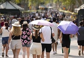 A group of tourists protect themselves from the sun with umbrellas in Barcelona last weekend.