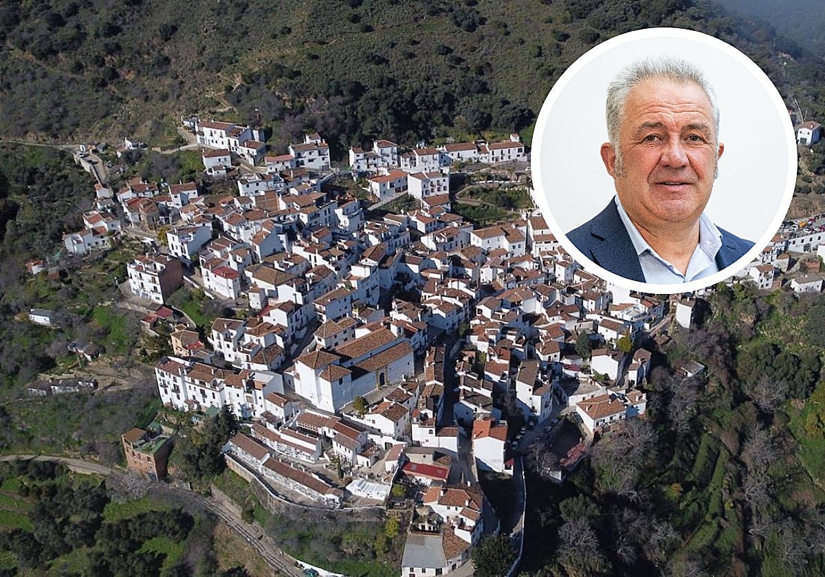 View of Benalauría with inset photo of current mayor of Benalauría, Cristóbal Díaz.